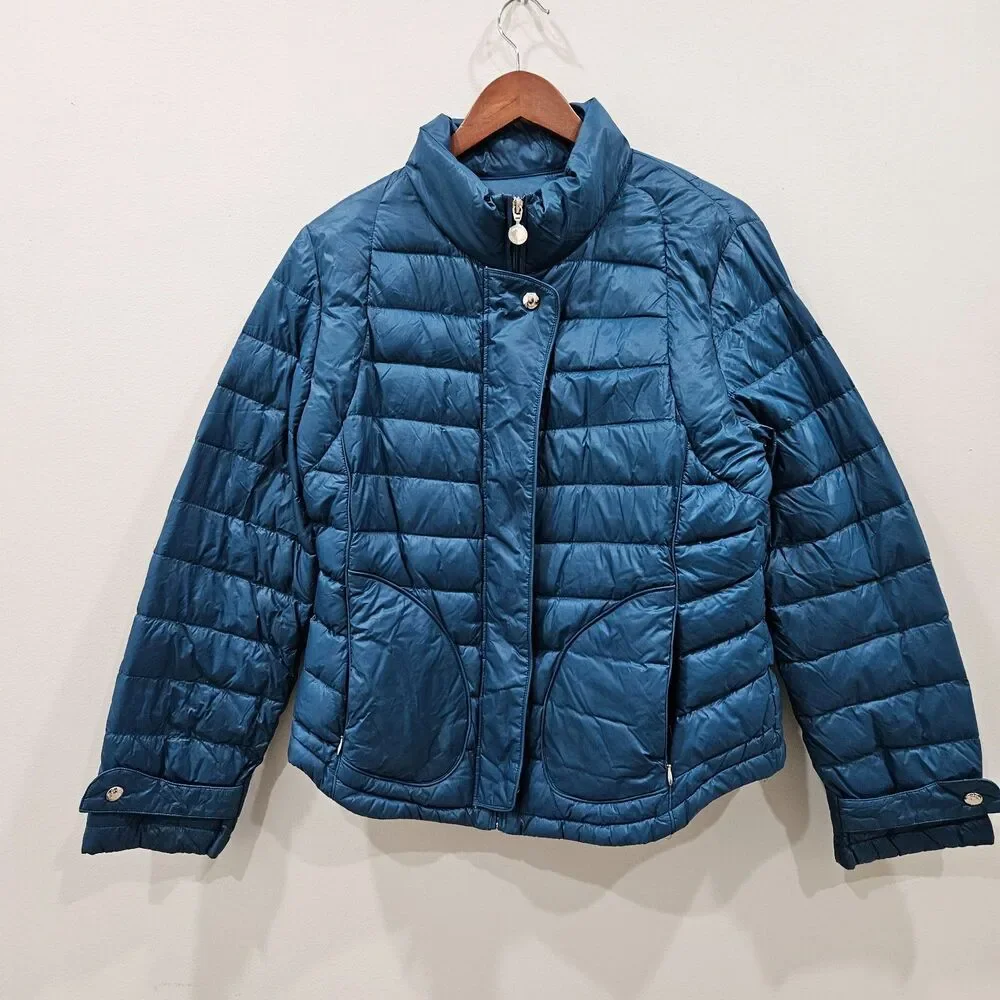 Calvin Klein Womens Packable Premium Down Puffer Jacket L Teal Blue Lightweight
